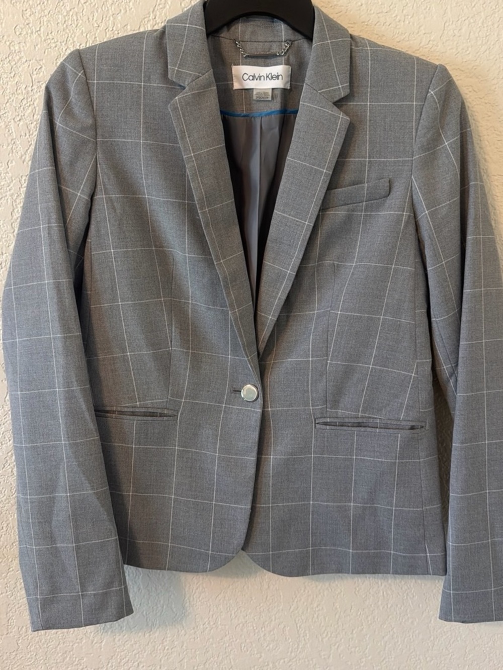 Calvin Klein Gray Windowpane One-Button Tailored Blazer